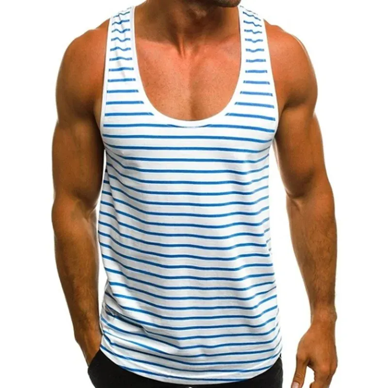 2024 Men's Striped Sleeveless O Neck Tank Tops for Summer Beach and Holidays