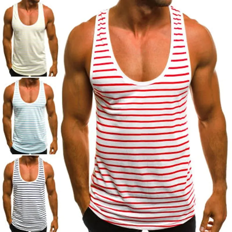 2024 Men's Striped Sleeveless O Neck Tank Tops for Summer Beach and Holidays