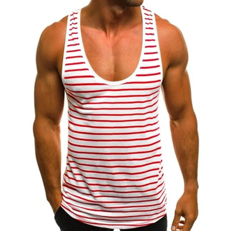 2024 Men's Striped Sleeveless O Neck Tank Tops for Summer Beach and Holidays