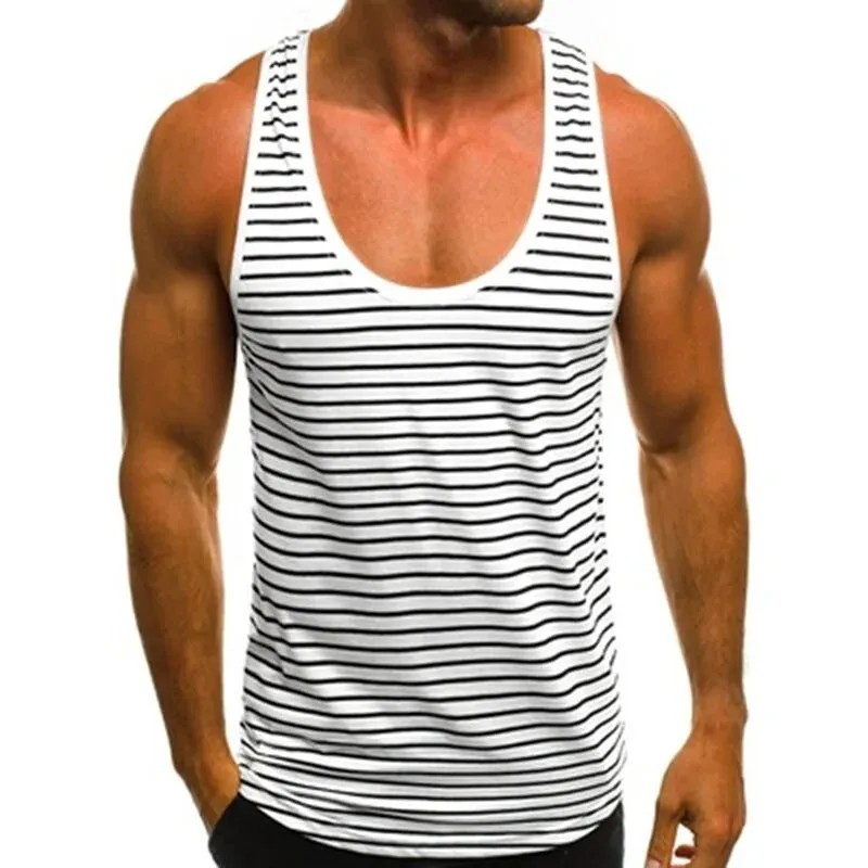 2024 Men's Striped Sleeveless O Neck Tank Tops for Summer Beach and Holidays