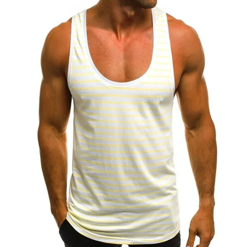 2024 Men's Striped Sleeveless O Neck Tank Tops for Summer Beach and Holidays