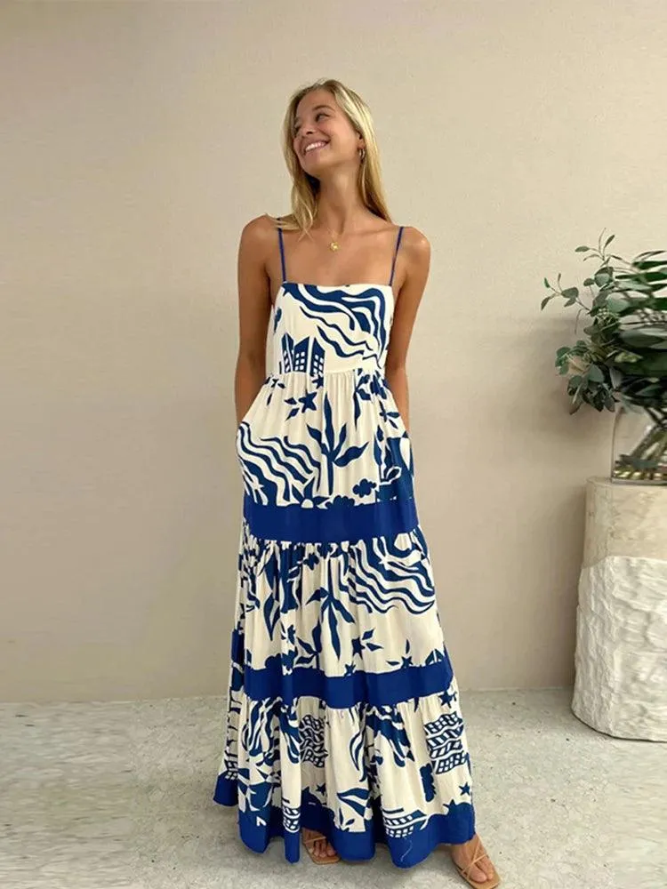 2024 Summer Women's Beach Dress - Sexy Backless Sleeveless Slip with Pleated Patchwork, Elegant Panelled Design