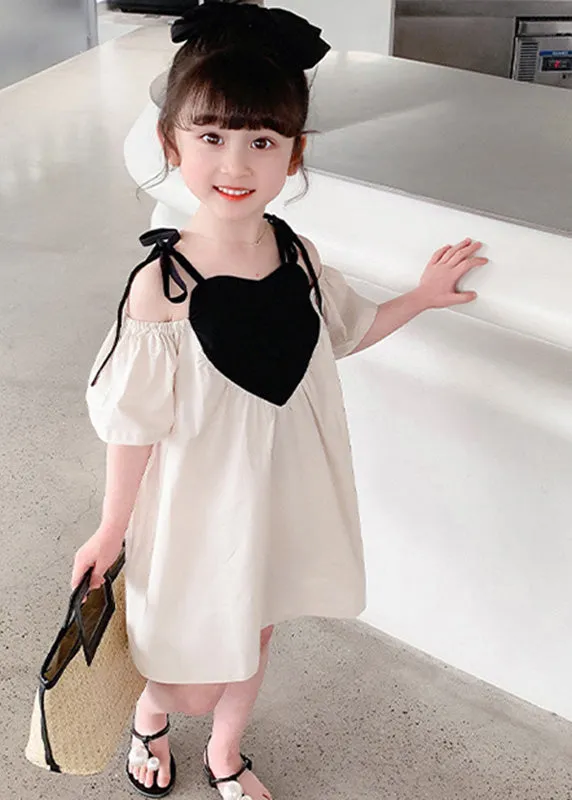 Beige Love Patchwork Cotton Girls Slip Mid Dress Summer LY5457