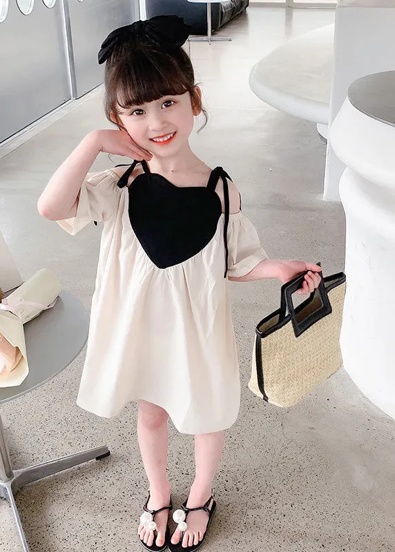 Beige Love Patchwork Cotton Girls Slip Mid Dress Summer LY5457