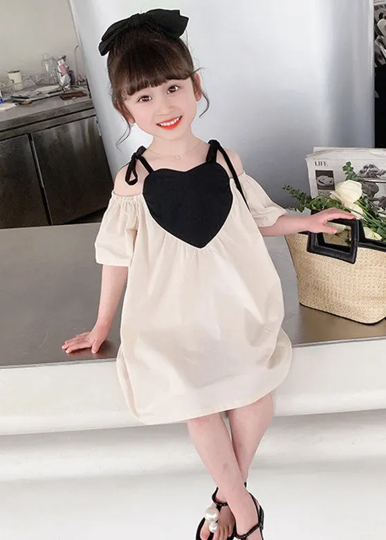 Beige Love Patchwork Cotton Girls Slip Mid Dress Summer LY5457