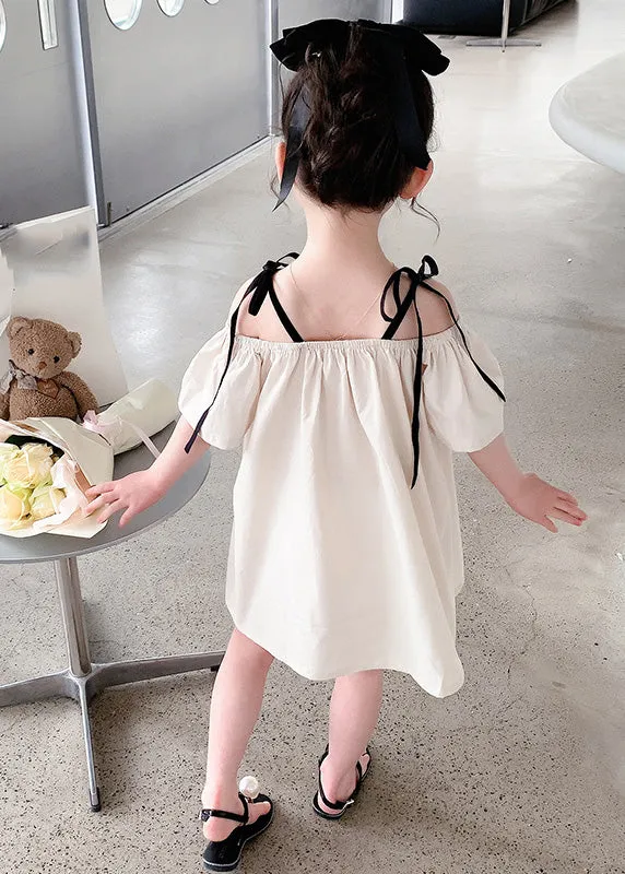 Beige Love Patchwork Cotton Girls Slip Mid Dress Summer LY5457