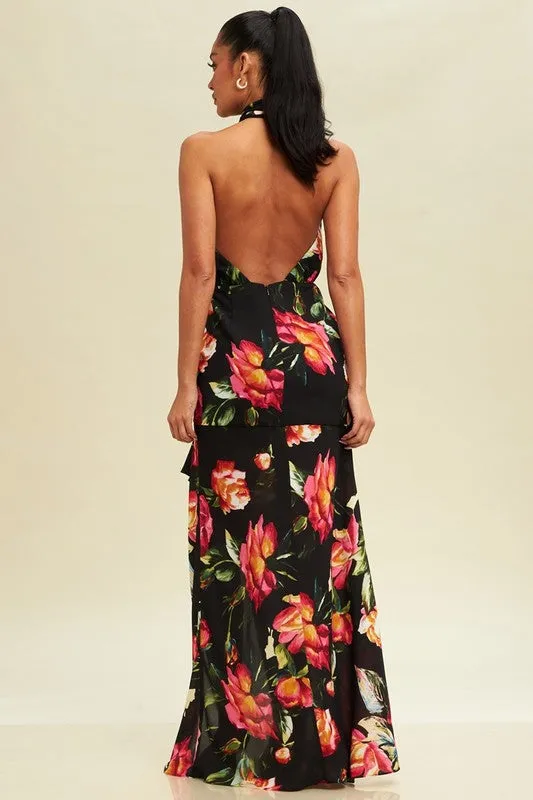 Black Multi Floral Rosette Maxi Dress