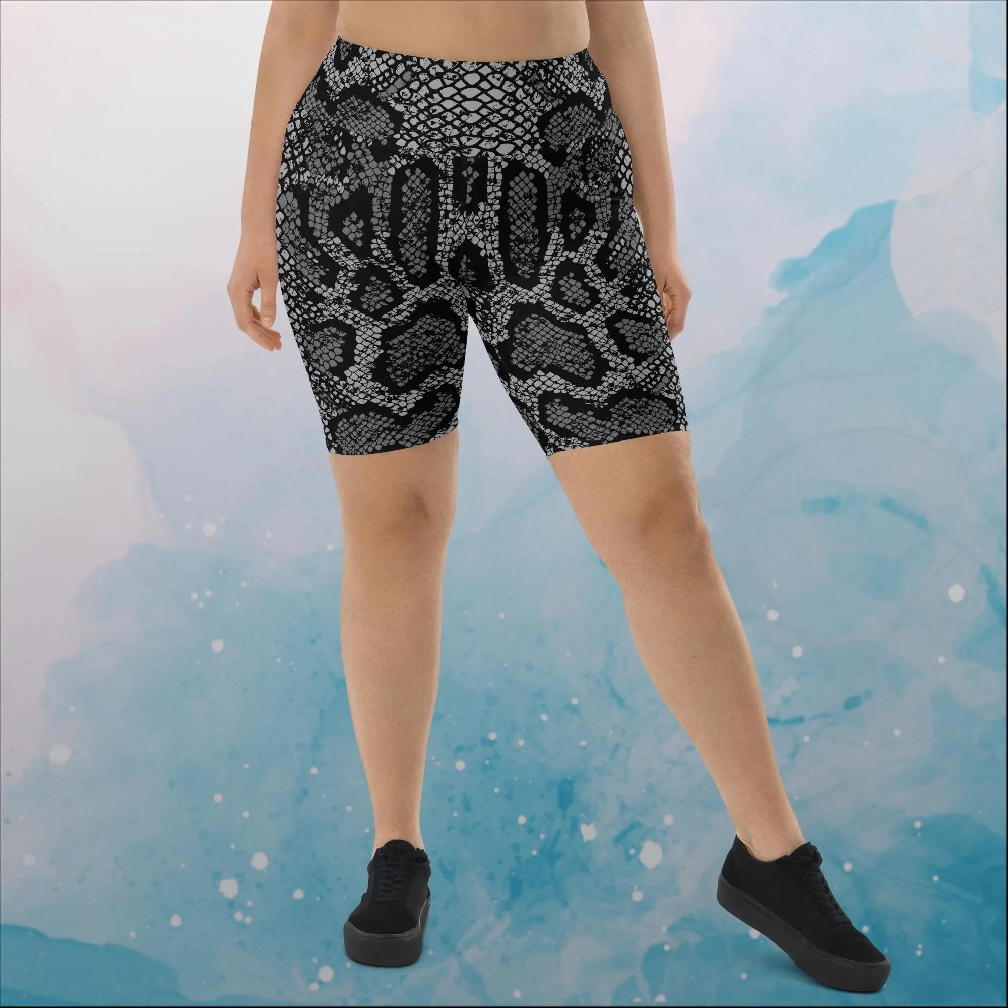 Black Snake Skin Print Womens Yoga Biker Shorts