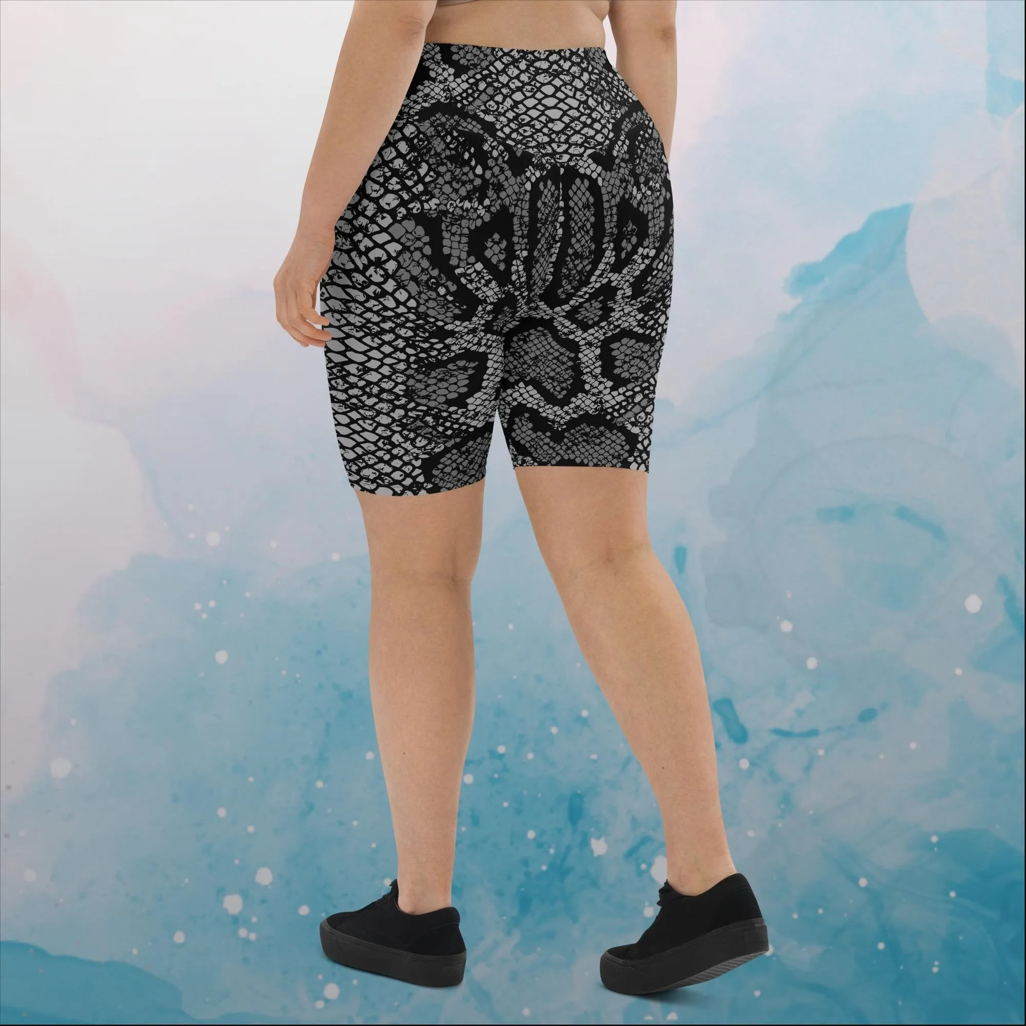 Black Snake Skin Print Womens Yoga Biker Shorts