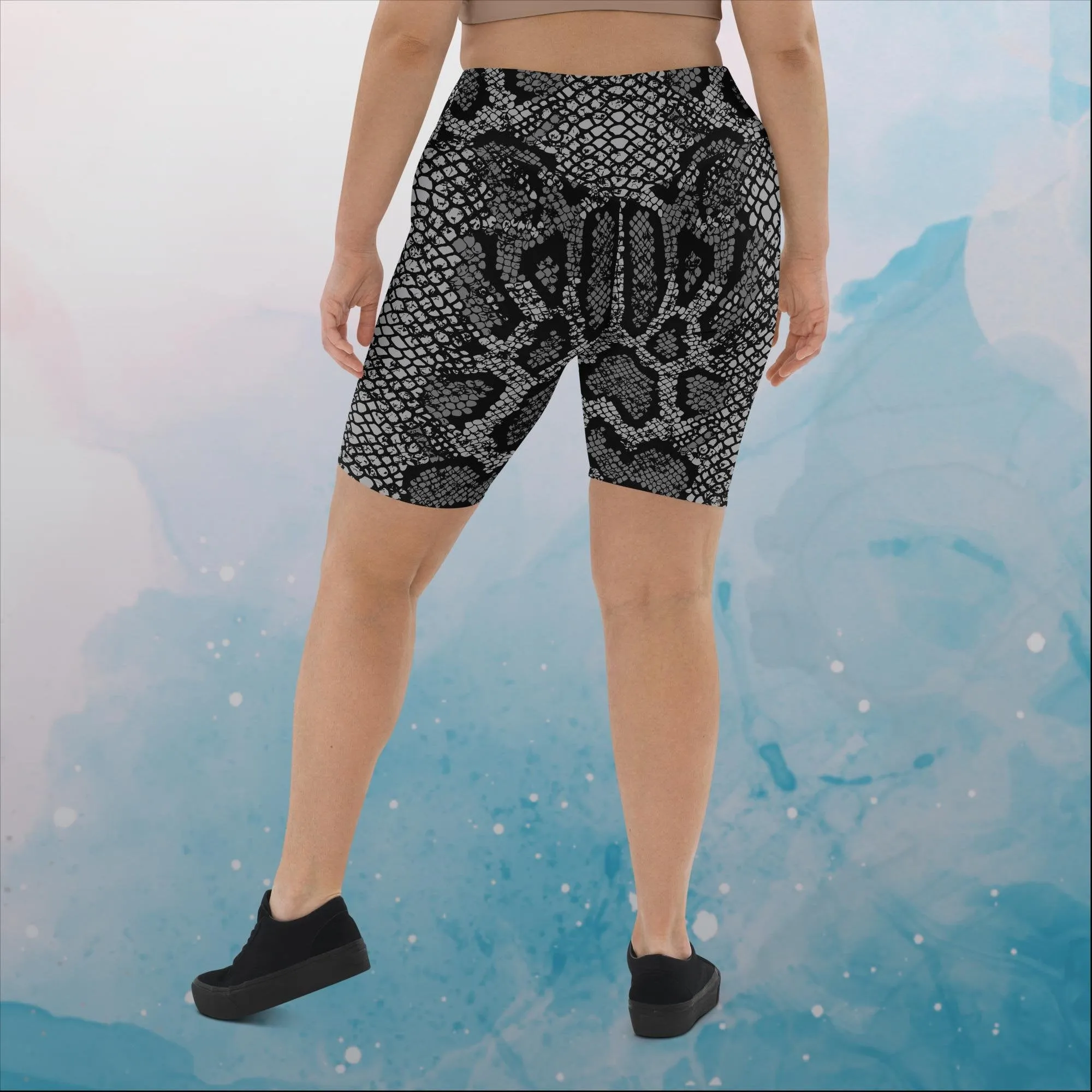 Black Snake Skin Print Womens Yoga Biker Shorts