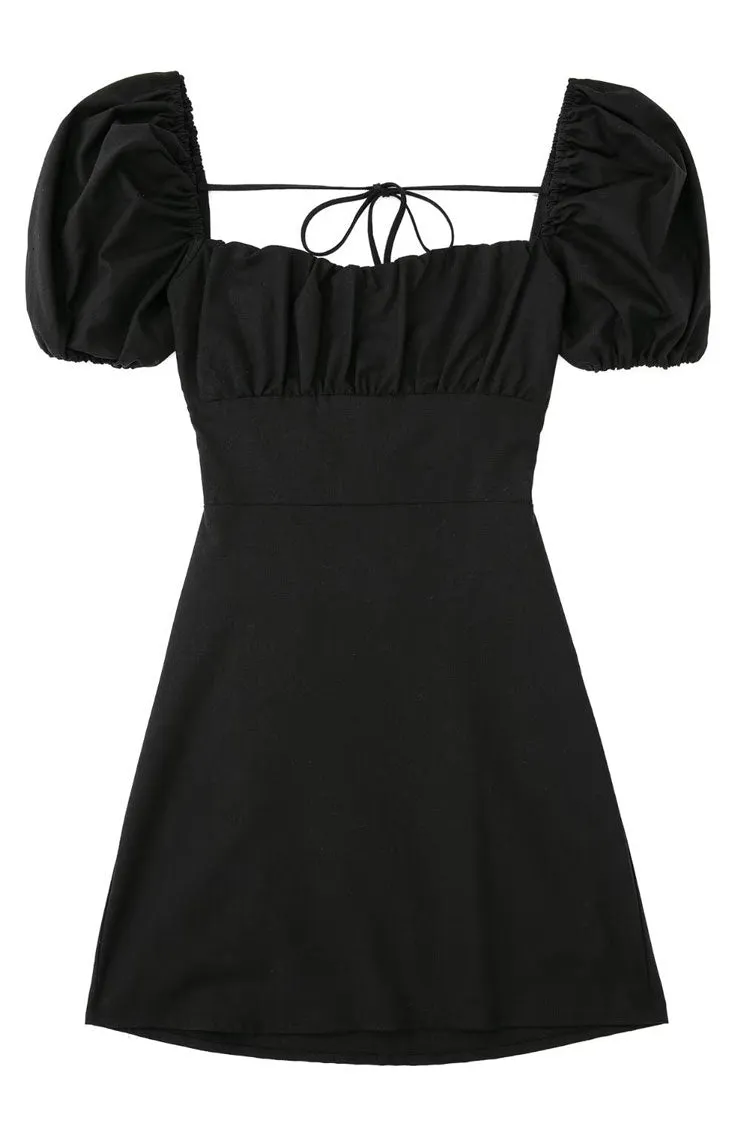 Breezy Ruched Square Neck Puff Sleeve Lace Up Back Party Mini Dress - Black