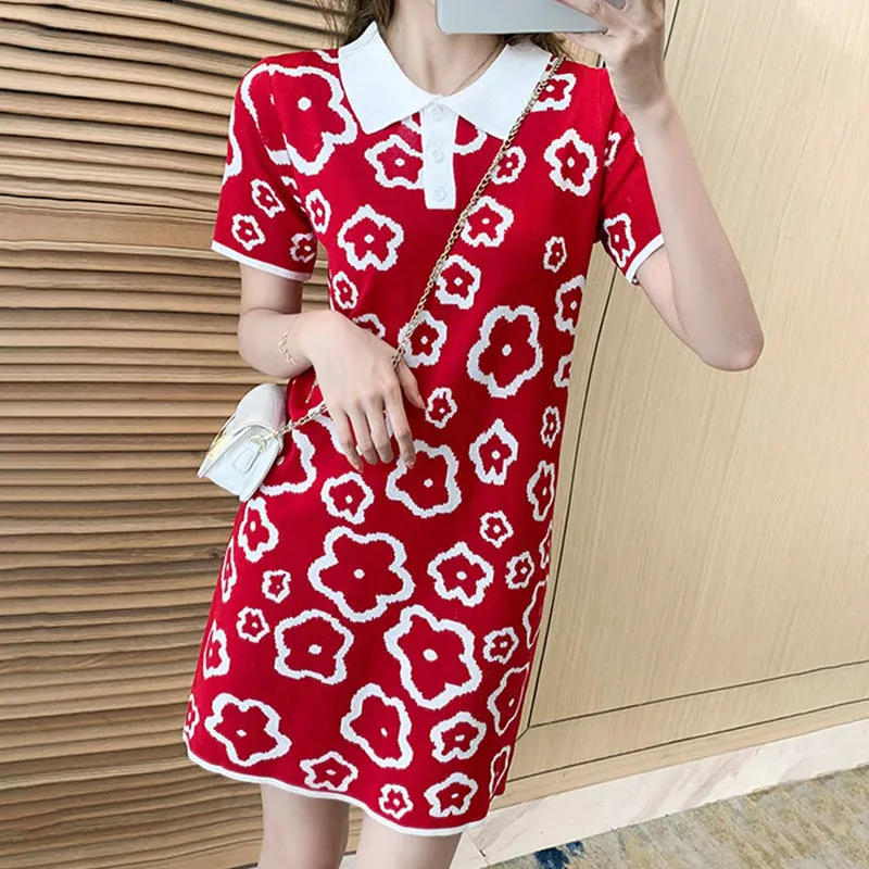 Casual Straight Knitted Floral Polo Shirt Mini Dress