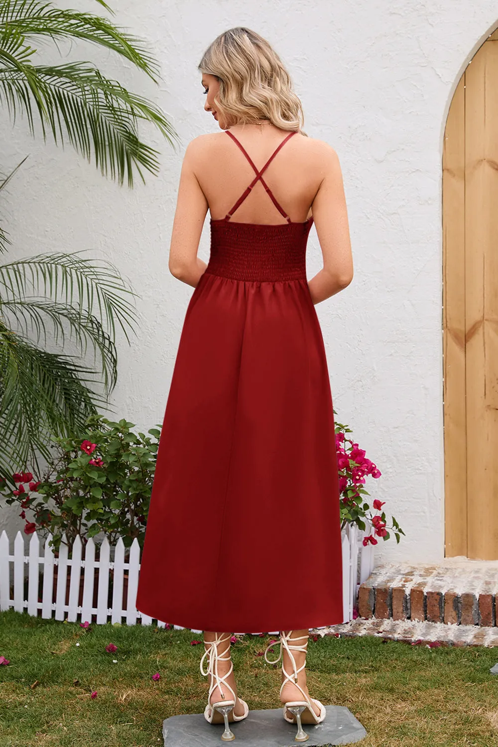 Casual Summer Maxi Dress Women's Fashion Crisscross Smocked Spaghetti Strap Dress