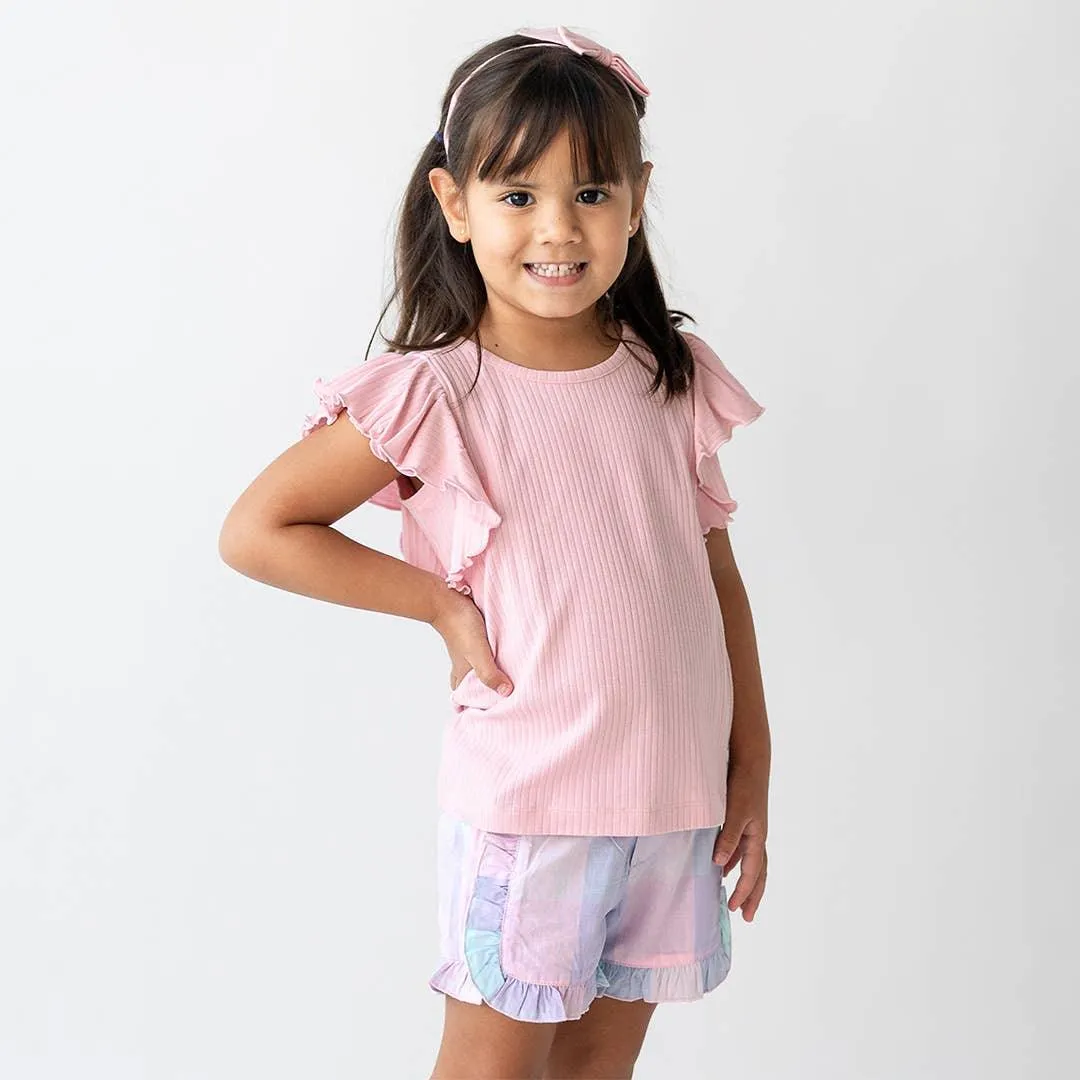 Cotton Candy Plaid Ruffle Trim Woven Shorts