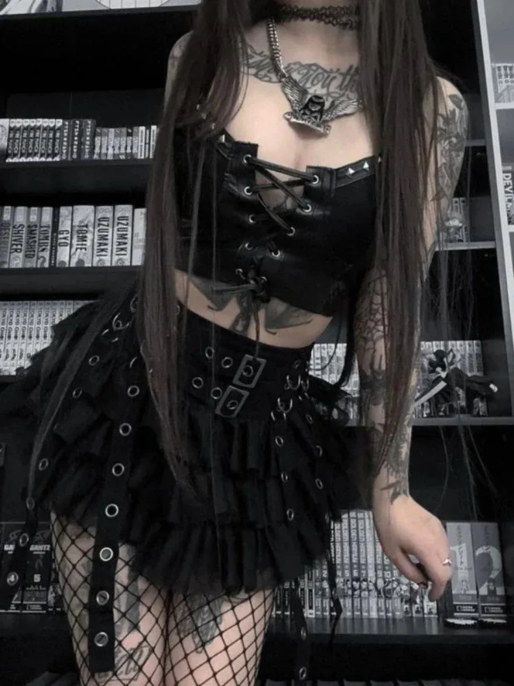 Cyber Lace-up Leather Y2K Gothic Crop Emo PU Grunge Top