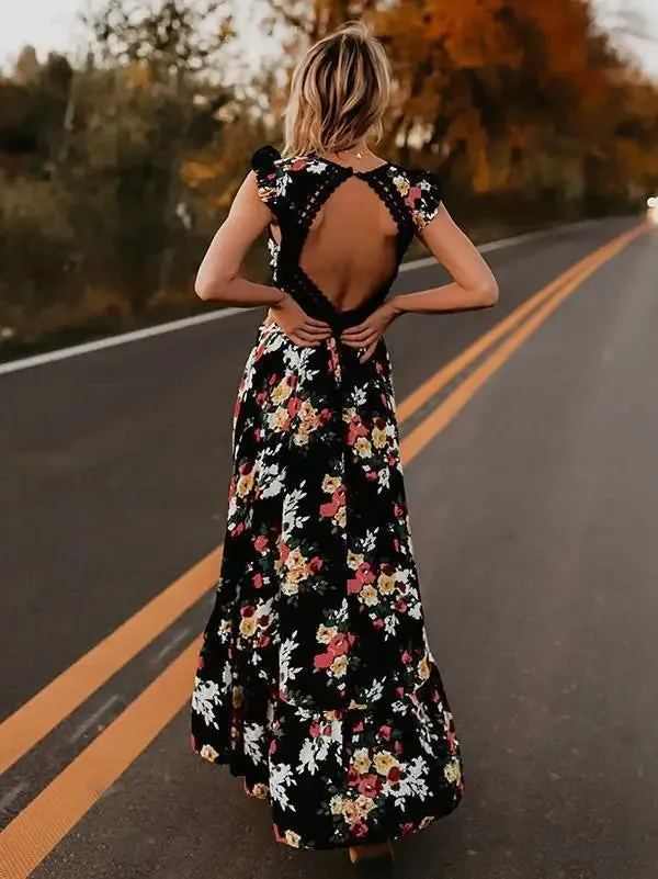 DressBetty - 2024 Asymmetrical Black and White Floral Maxi Boho Dress