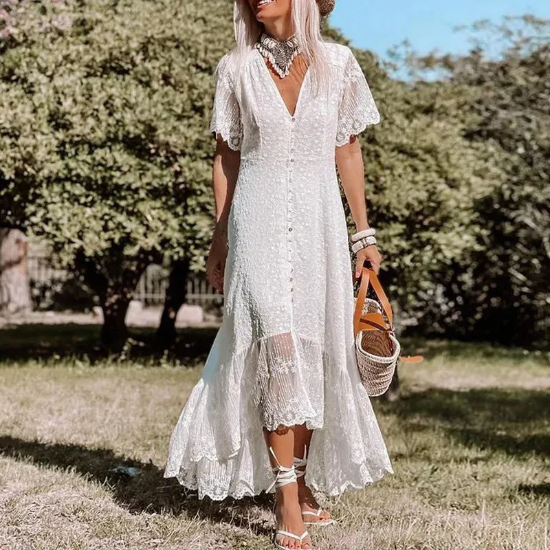 DressBetty - 2024 Bohemian Spaghetti Strap Floral Lace Beach Maxi Dress