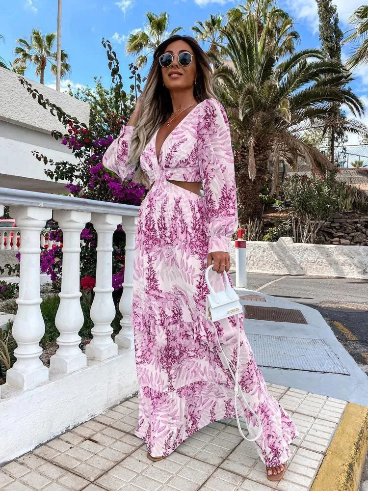 DressBetty - 2024 Elegant V-Neck Print Long Sleeve Maxi Dress