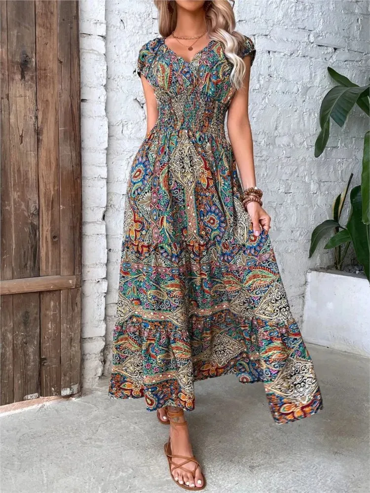 DressBetty - 2024 Sexy A-line Maxi Short Sleeve Elastic Waist Boho Dress