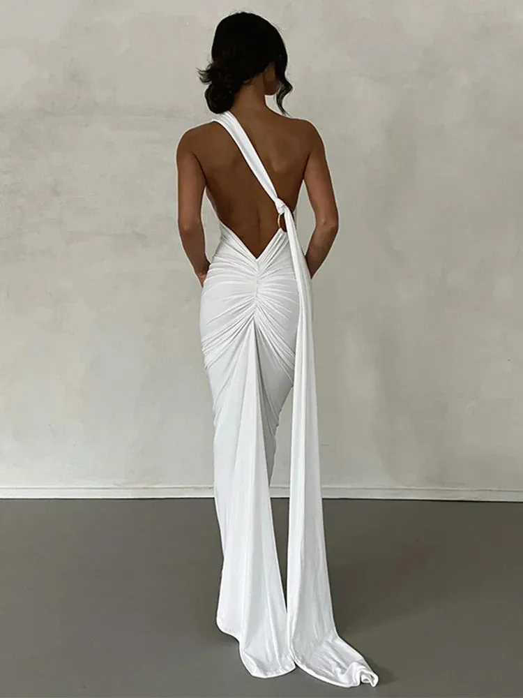 Elegant One Shoulder Slim Bodycon Backless Nightclub Sexy Summer Maxi Dress