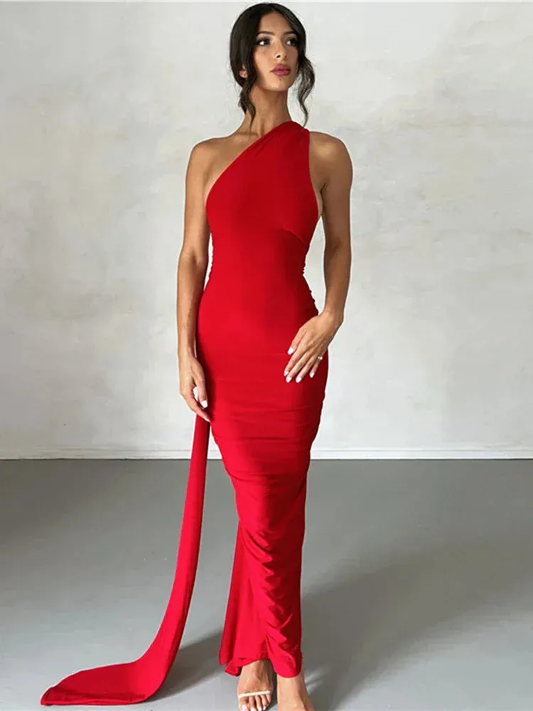 Elegant One Shoulder Slim Bodycon Backless Nightclub Sexy Summer Maxi Dress