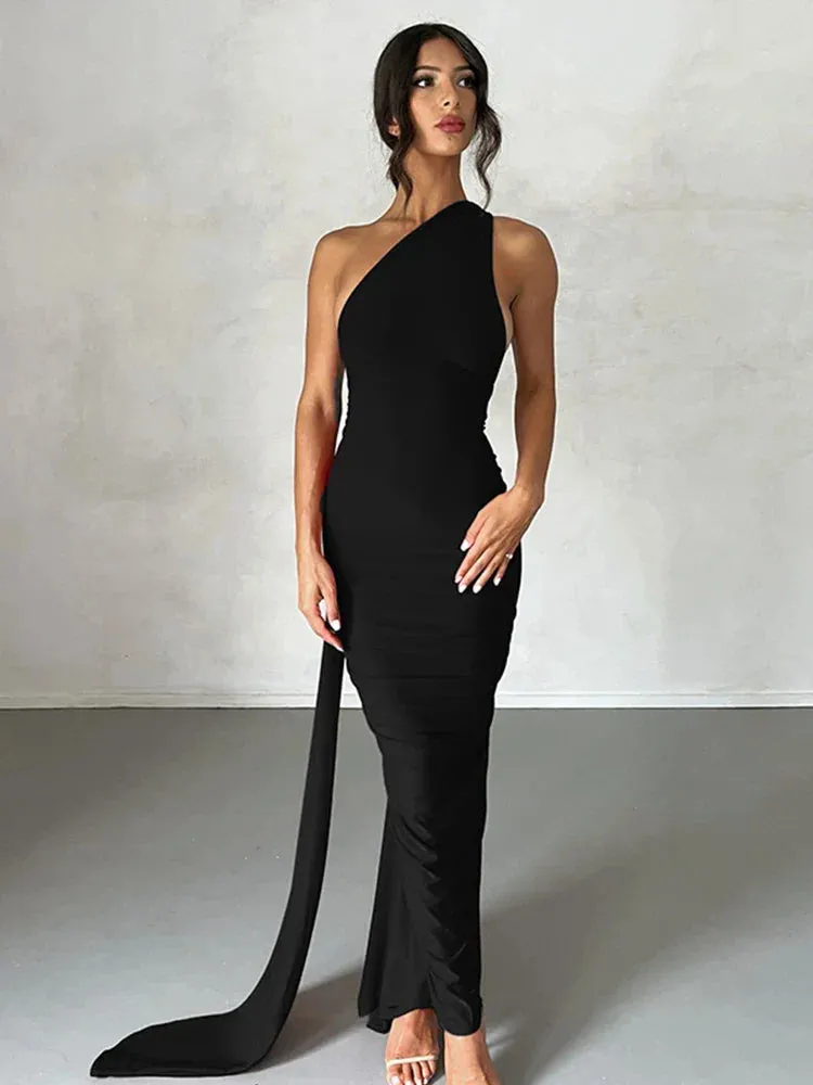 Elegant One Shoulder Slim Bodycon Backless Nightclub Sexy Summer Maxi Dress