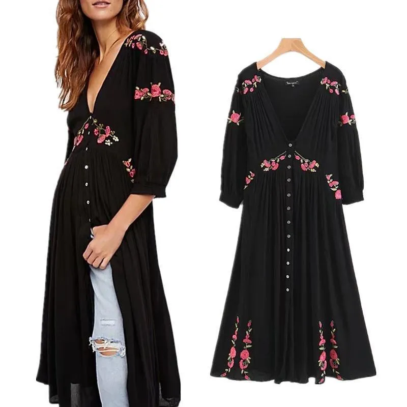 Embroidery Floral V-neck Split Ends Sexy Maxi