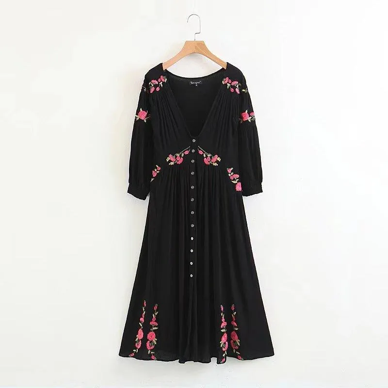 Embroidery Floral V-neck Split Ends Sexy Maxi