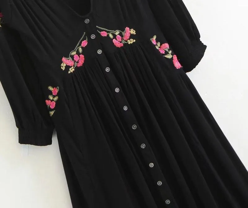 Embroidery Floral V-neck Split Ends Sexy Maxi