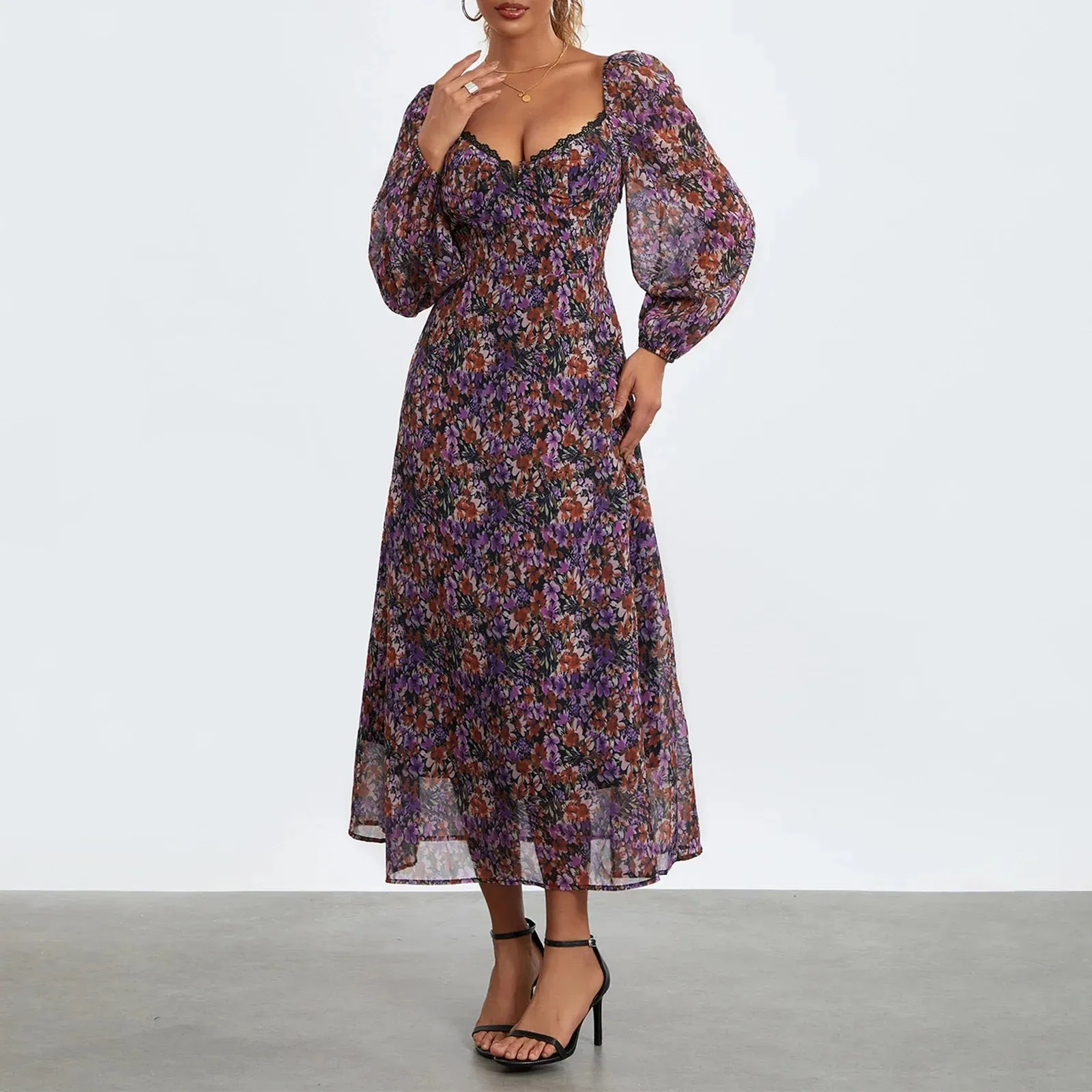 Fall Casual Floral Print Sweetheart Neckline Long Puff Sleeve Fashion Backless Holiday Maxi Spring Dress