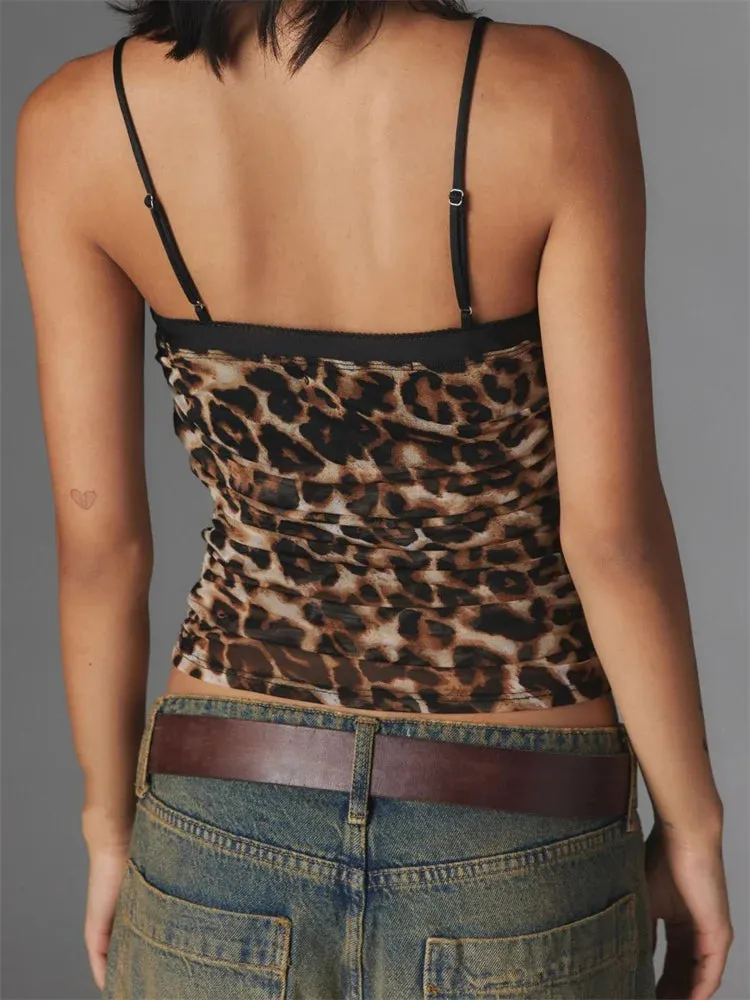 FashionSierra - 2024 Cropped Camis Summer Ruched Spaghetti Strap Leopard/Floral Print Vest Clubwear  Crop Tops