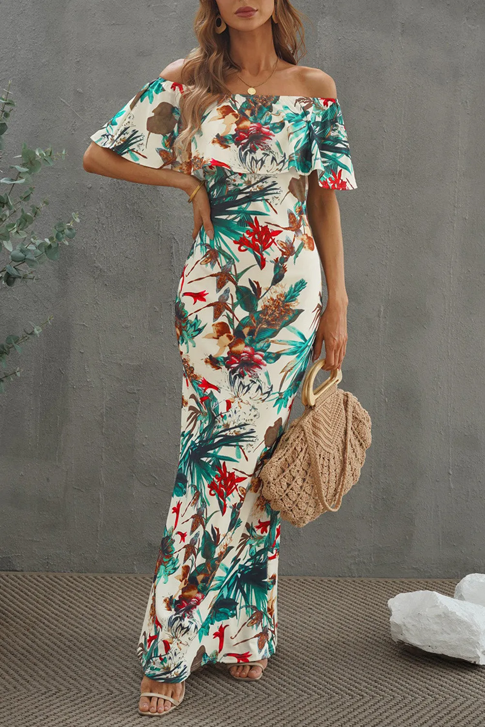 Floral Layered Off-Shoulder Maxi Dress