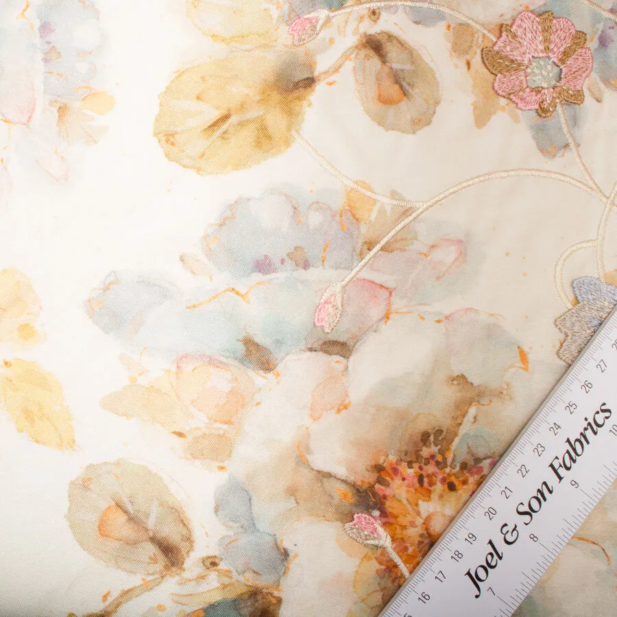 Floral Printed & Embroidered Silk Mikado