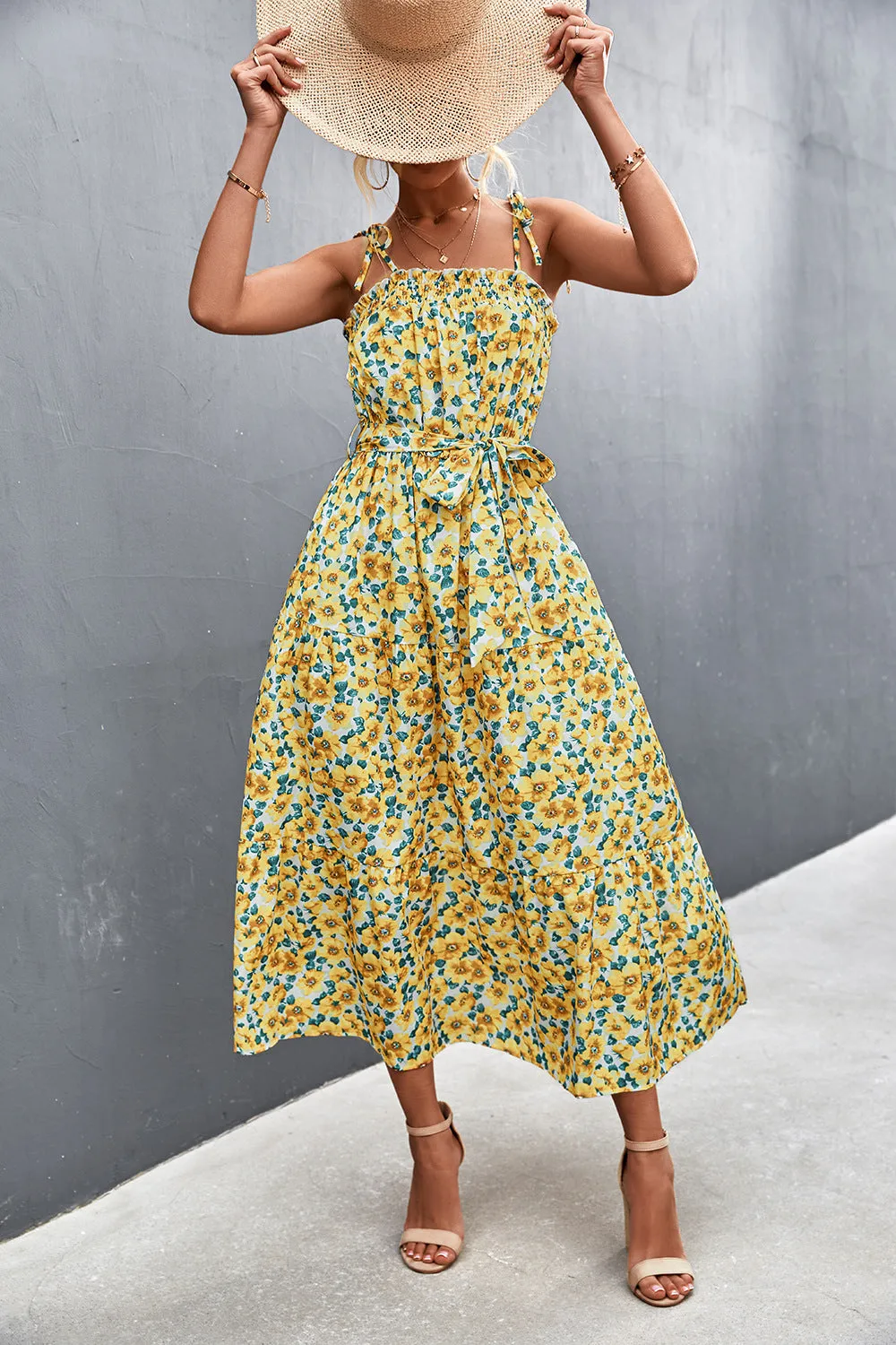 Floral Tie-Shoulder Belted Midi Dress