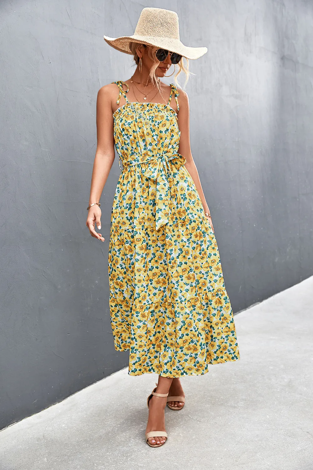 Floral Tie-Shoulder Belted Midi Dress