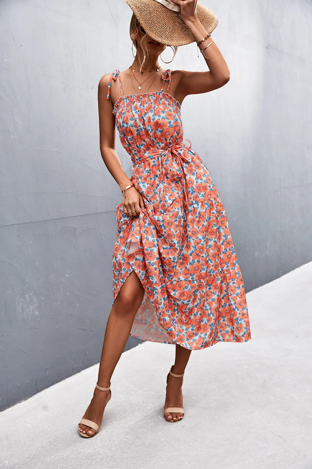 Floral Tie-Shoulder Belted Midi Dress