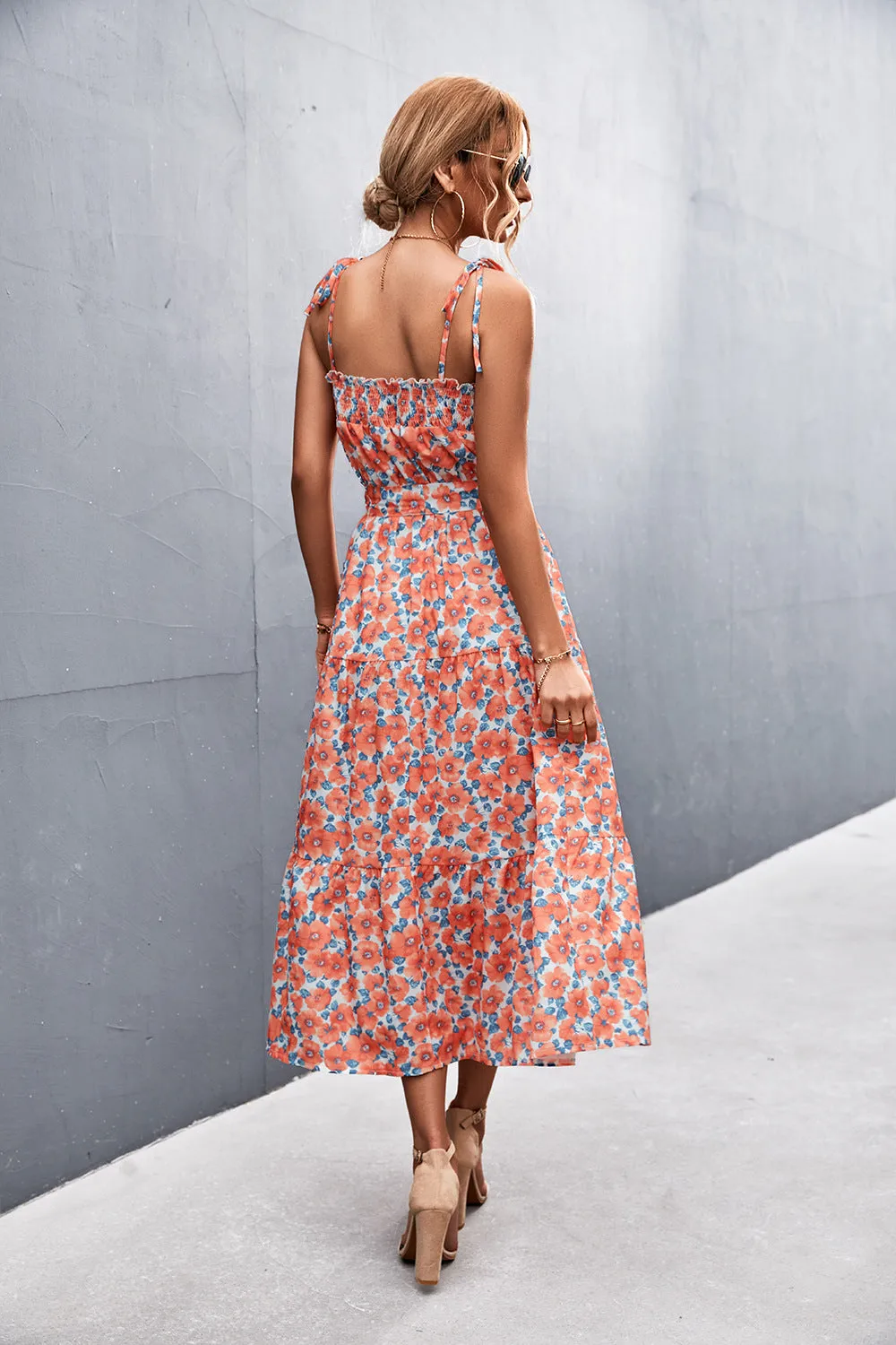 Floral Tie-Shoulder Belted Midi Dress