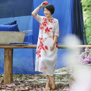 Floral Women Linen Dresses Spring Summer Women Dresses WC961805