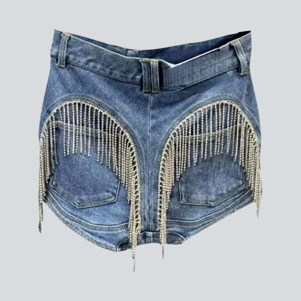 Fringe back pockets denim shorts