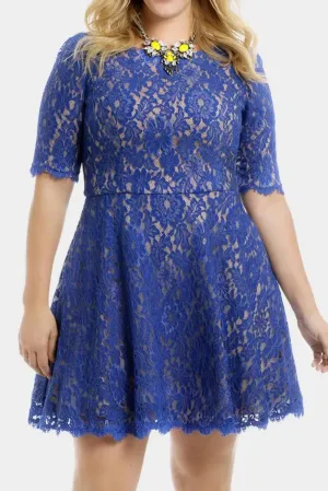 Get Your Plus-Size Skater Dress Fix with Our Floral Blue Lace Nude Dress!