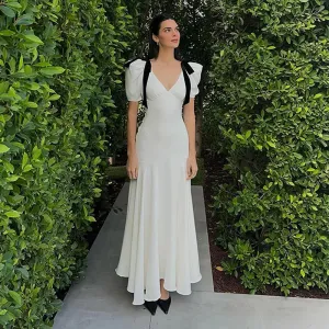 Girlary Elegant White Bow Maxi Dress for Women Fashion Puff Short Sleeve Slim Party Dresses 2024 Summer Holidays Party Draped Dress