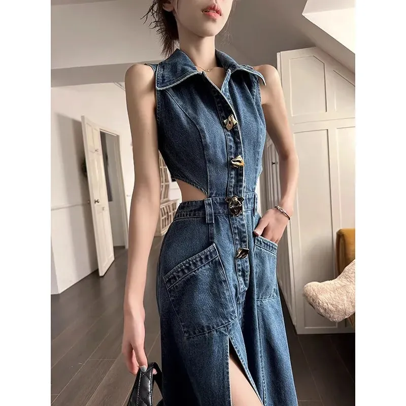 Girlary Retro Denim Dress Women's Summer New Shirt Collar Hollow Split Waist Long Skirt Sleeveless One-piece Sexy Denim Dresses