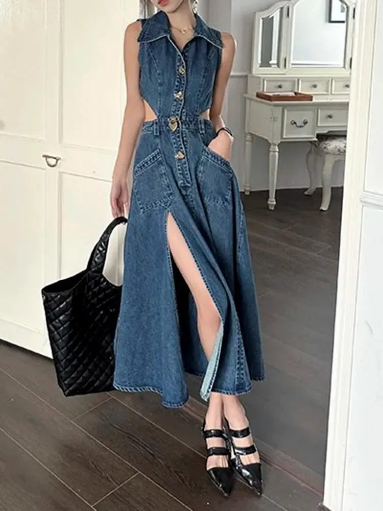 Girlary Retro Denim Dress Women's Summer New Shirt Collar Hollow Split Waist Long Skirt Sleeveless One-piece Sexy Denim Dresses