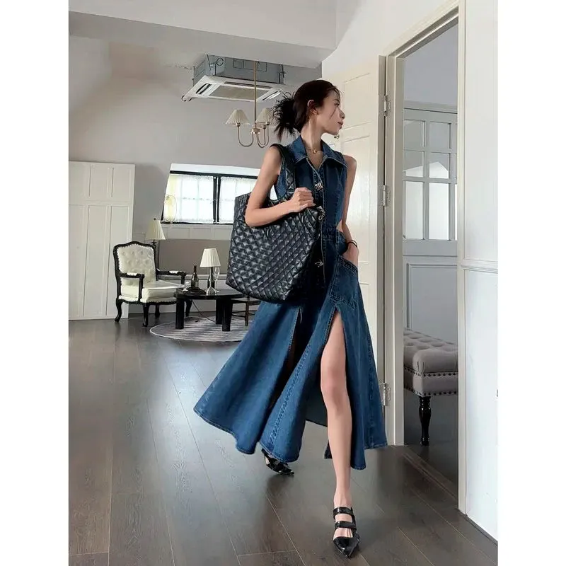 Girlary Retro Denim Dress Women's Summer New Shirt Collar Hollow Split Waist Long Skirt Sleeveless One-piece Sexy Denim Dresses