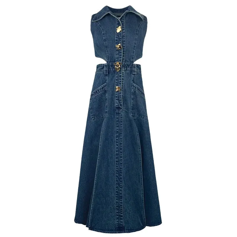 Girlary Retro Denim Dress Women's Summer New Shirt Collar Hollow Split Waist Long Skirt Sleeveless One-piece Sexy Denim Dresses