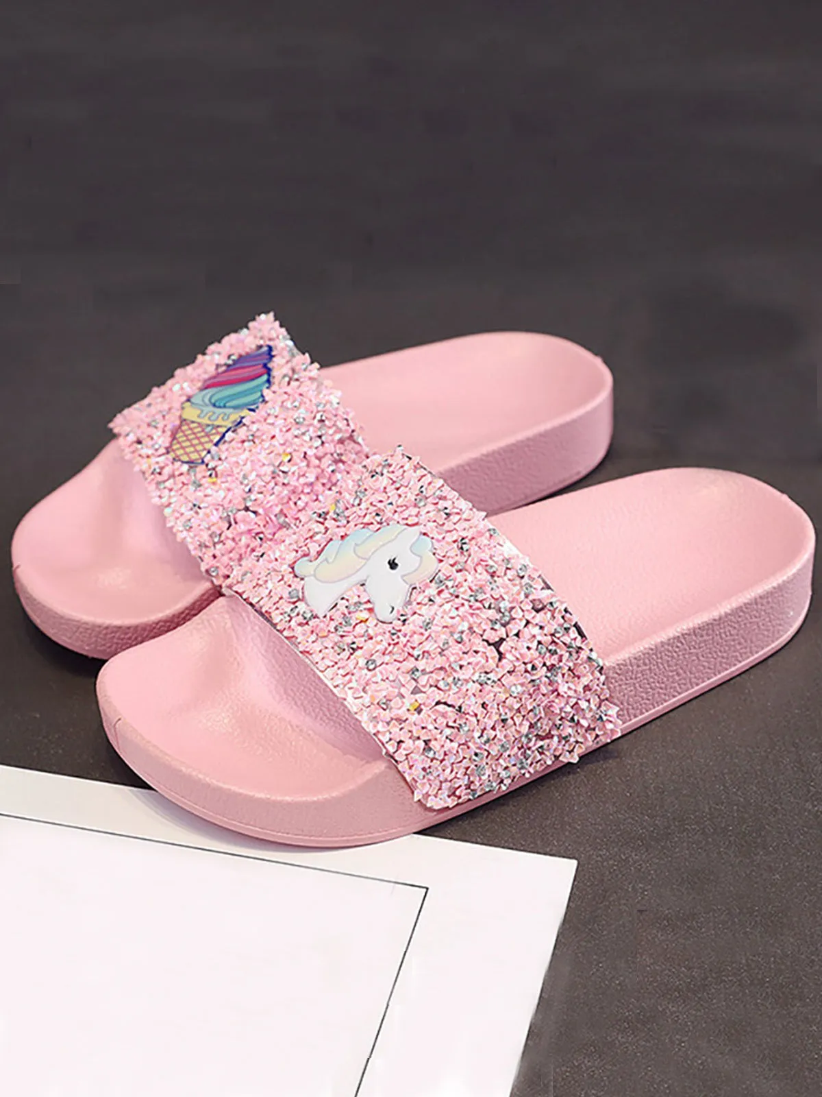 Girls Cute Sequin Pony Summer Slides By Liv and Mia