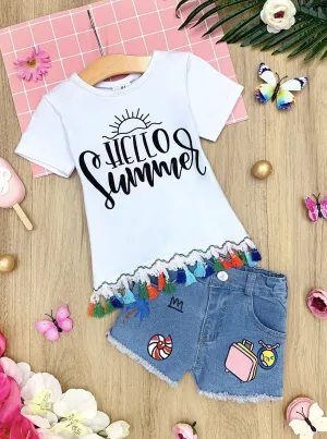 Girls "Hello Summer" Tassel Top and Printed Denim Shorts Set