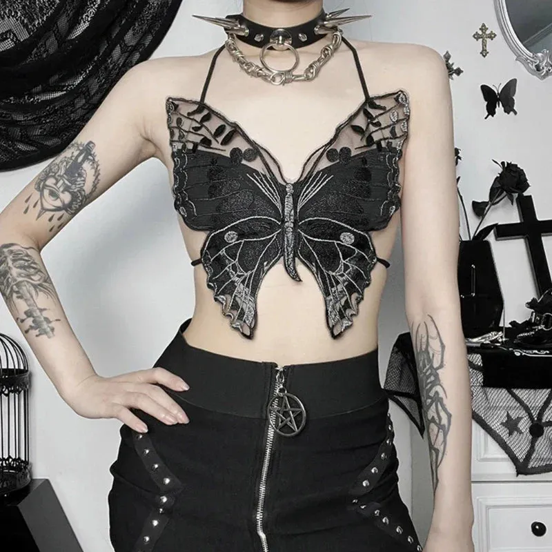 Gothic Black Butterfly-Shape Sexy Backless Crop Halter Strappy Top