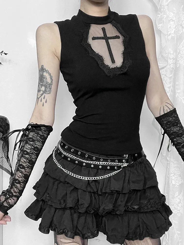 Gothic Dark Cross Mesh Patchwork See Grunge Alternative Crop Top