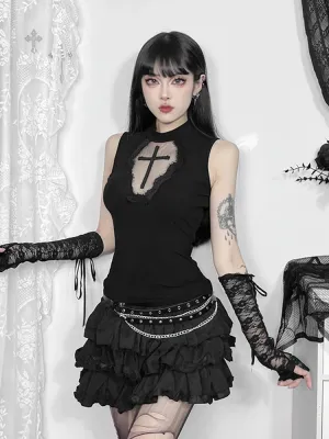 Gothic Dark Cross Mesh Patchwork See Through Grunge Alternative Crop Top